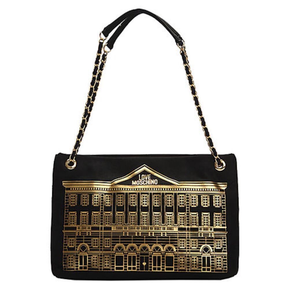 Vintage Love Moschino Black Suede Leather Crossbody Tote Bag Gold Chain Hardware